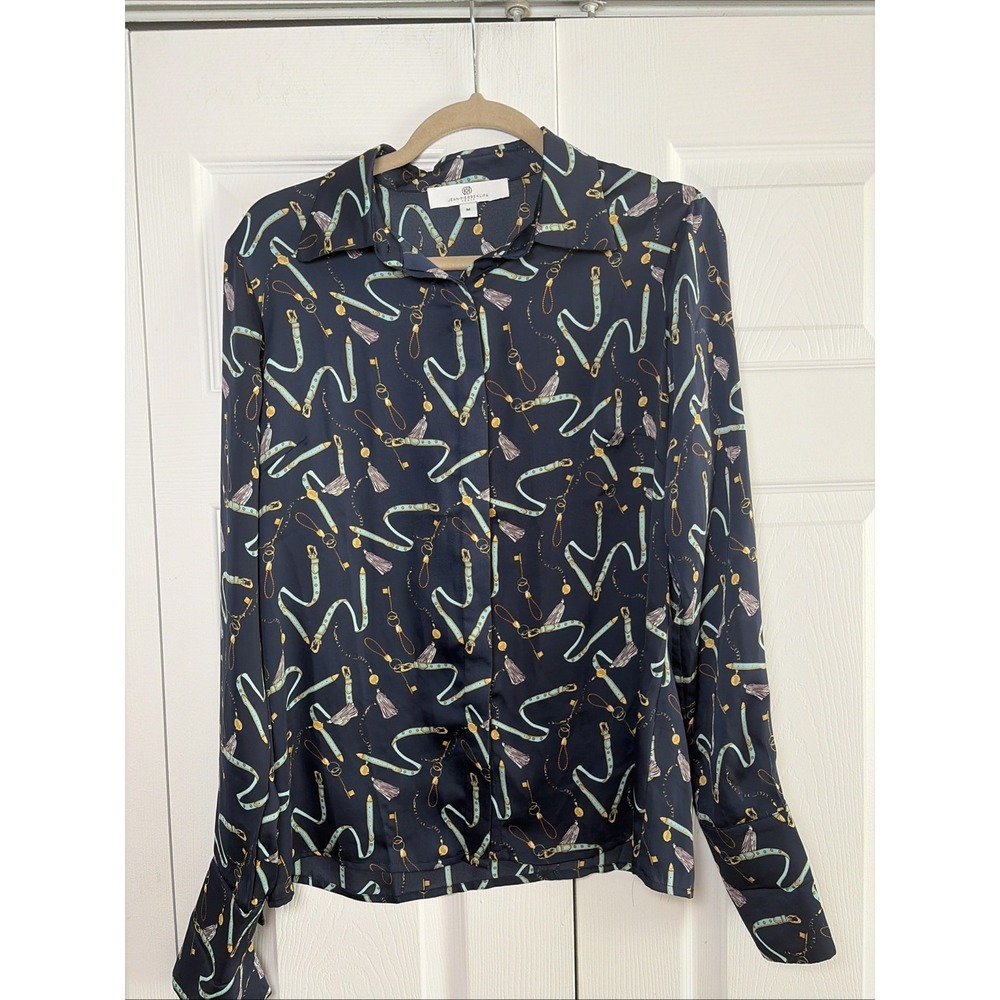 Jean-Pierre Klifa Paris Equestrian Belt Print Blouse Womens Size M Navy Silky